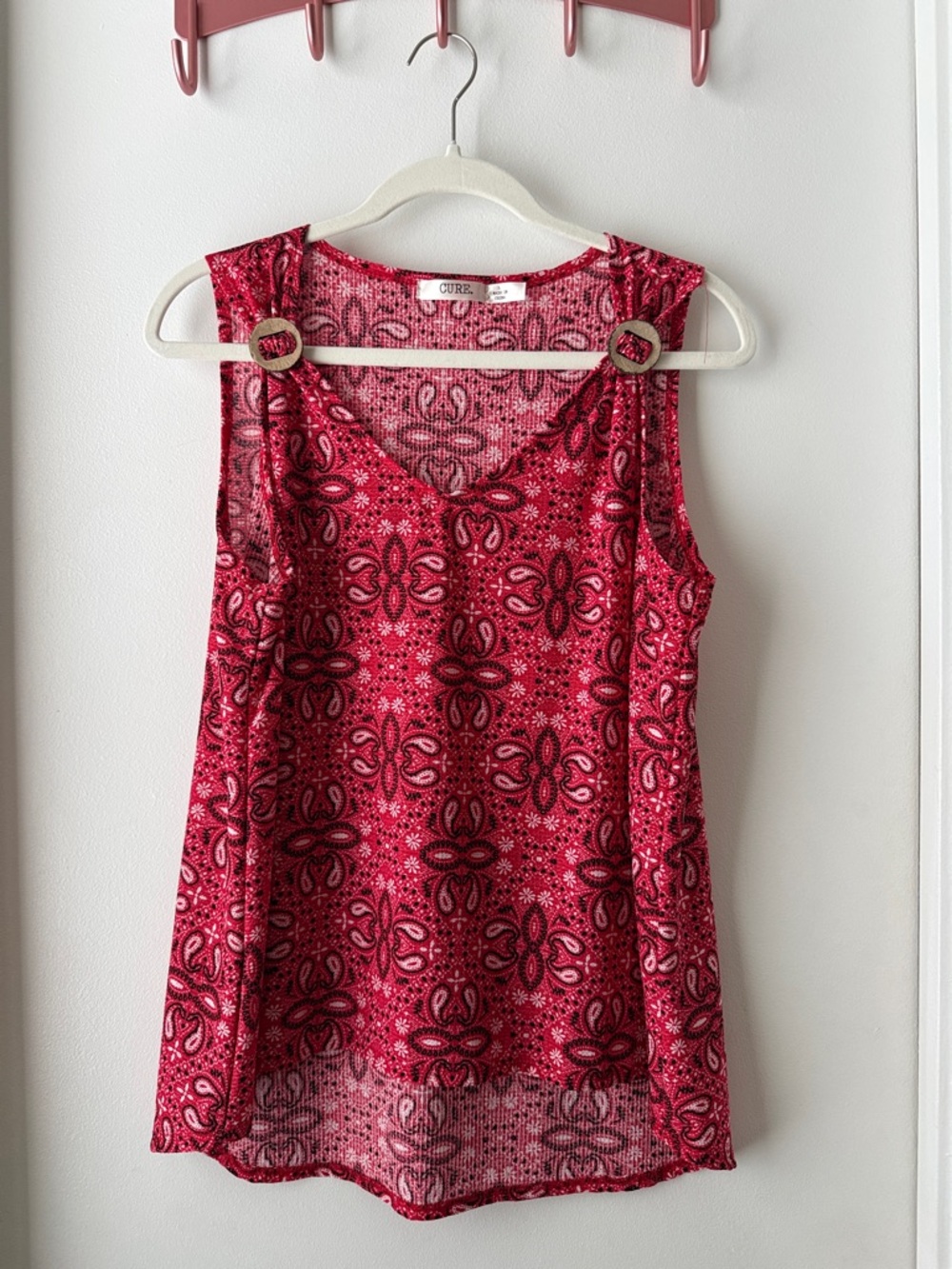 CURE. Red Printed V-Neck Tank with Ring Shoulder Accents
